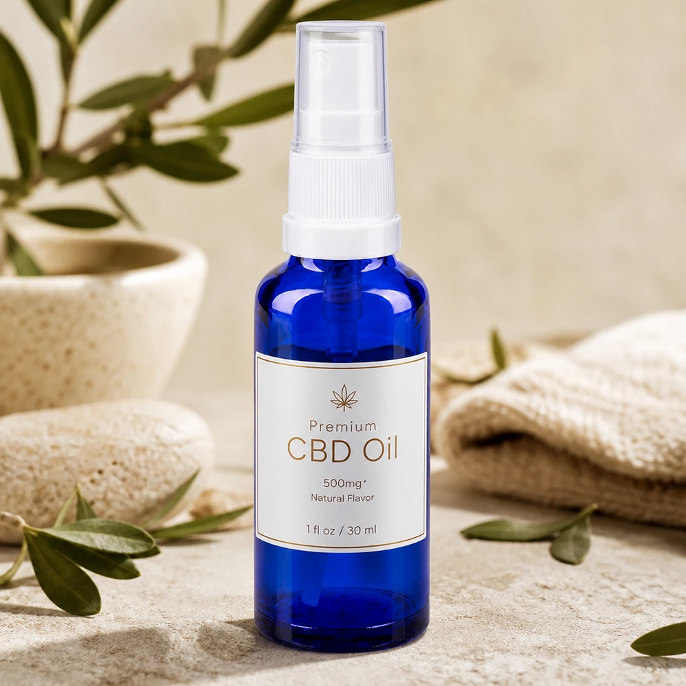 Vaso da farmacia blu da 10 ml con erogatore a pompa per olio al CBD 500 mg, aroma naturale, 30 ml