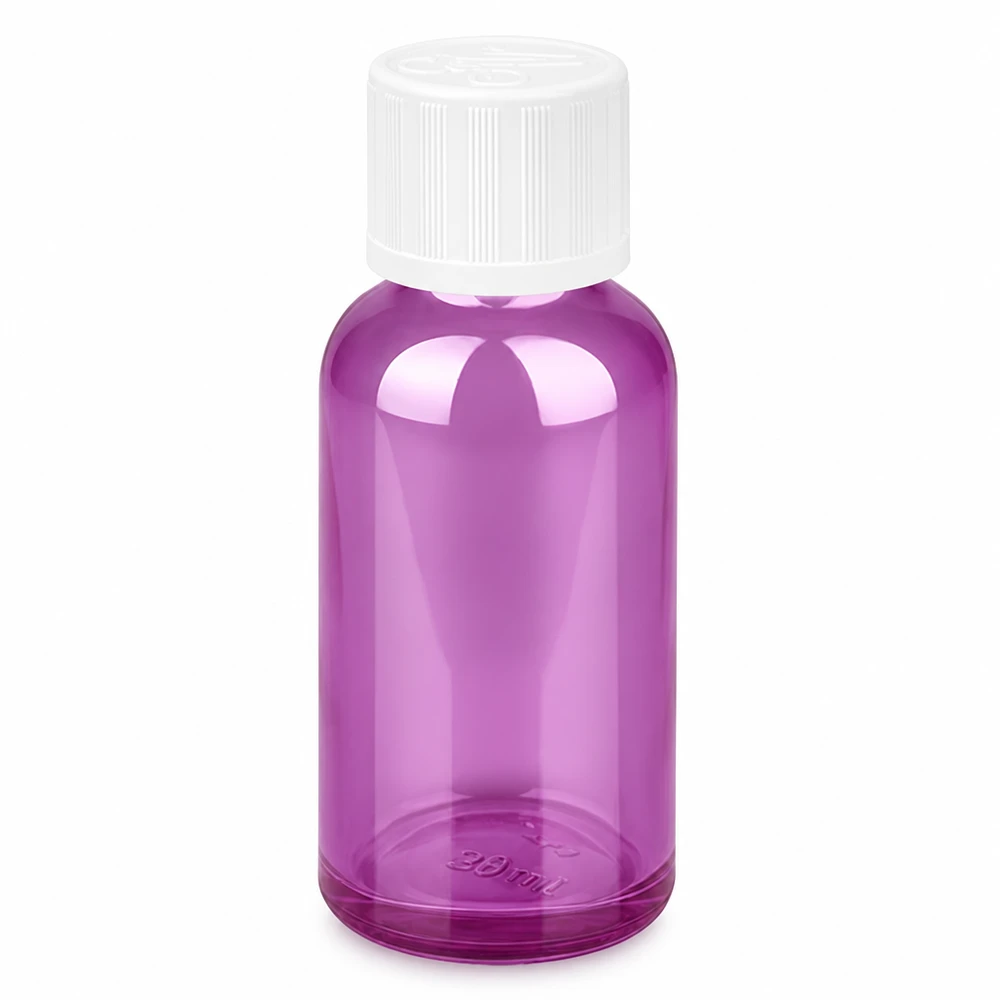Bottiglia da 30 ml con tappo a vite bianco da 11 mm a prova di bambino PurpleLine UT18/30 Bottiglia compatta da 30 ml in vetro speciale - perfetta per essenze, oli e campioni liquidi