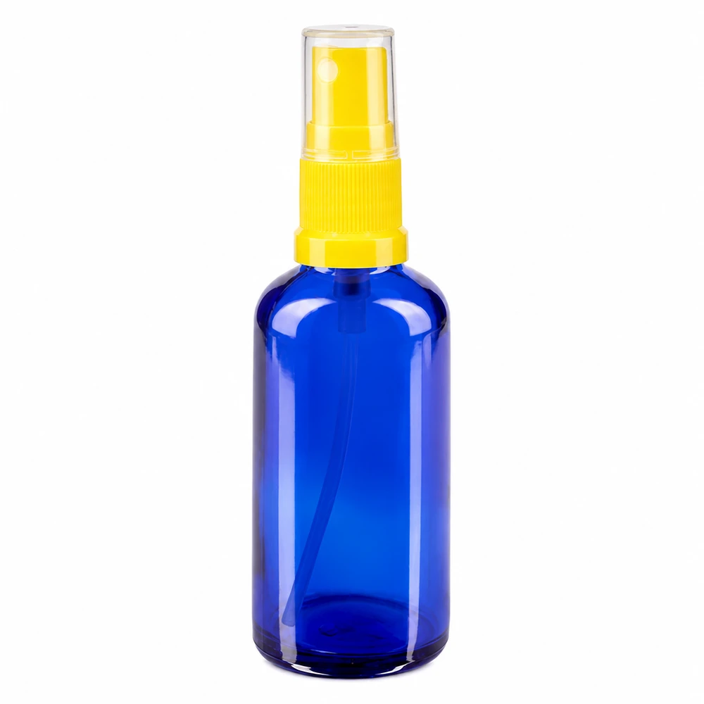 Flacone da 50ml blu STD giallo/trasparente apoGlas Flacone spray in vetro blu da 50 ml con erogatore giallo per farmacie e cosmetici