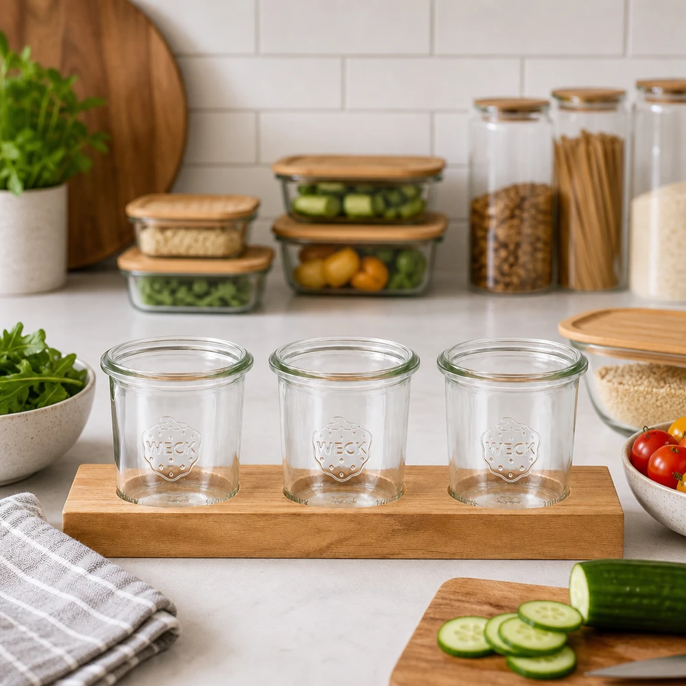 Tavola da portata Plano3 con vasetti WECK da 140 ml vuoti in una cucina moderna accanto a barattoli per verdure e contenitori