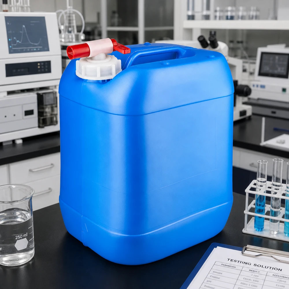 Tanica azzurra da 20 litri con maniglia integrata e rubinetto rosso in ambiente di laboratorio