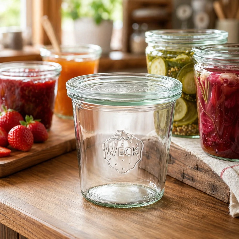 Barattolo da conserva WECK da 290 ml in cucina con marmellate e conserve colorate come esempio di applicazione per la conservazione