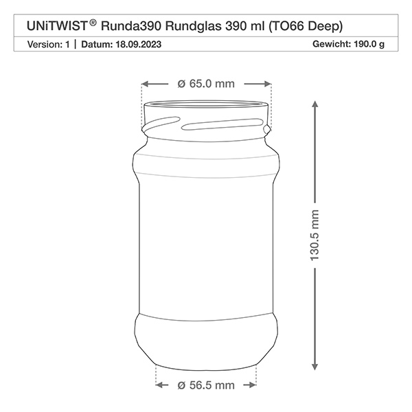 UNiTWIST Runda390 - Barattolo rotondo capacità 390ml TO70 Disegno tecnico UNiTWIST Runda390 bicchiere rotondo 390ml TO66 Deep con dimensioni 65mm diametro 130,5mm altezza