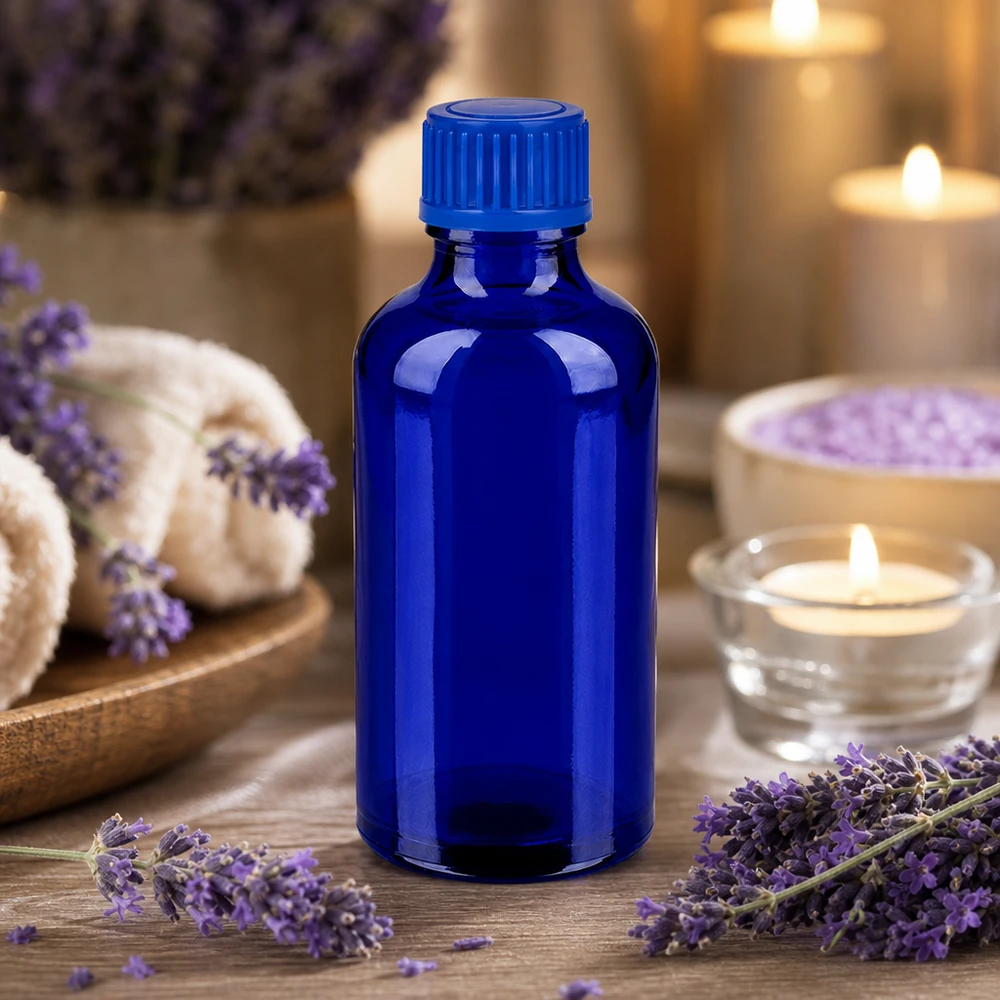 Bottiglia da 50ml 11mm SV blu STD BlueLine UT18/50 Flacone da 50 ml in vetro pregiato blu cobalto con tappo a chiusura ermetica per aromaterapia