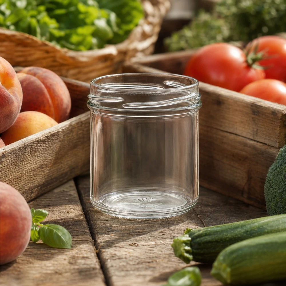 UNiTWIST Sturz167 - Capacità 167ml TO66 Bicchieri UNiTWIST vuoti da 167 ml TO66 su un tavolo di legno con pomodori freschi, pesche e verdure da conservare