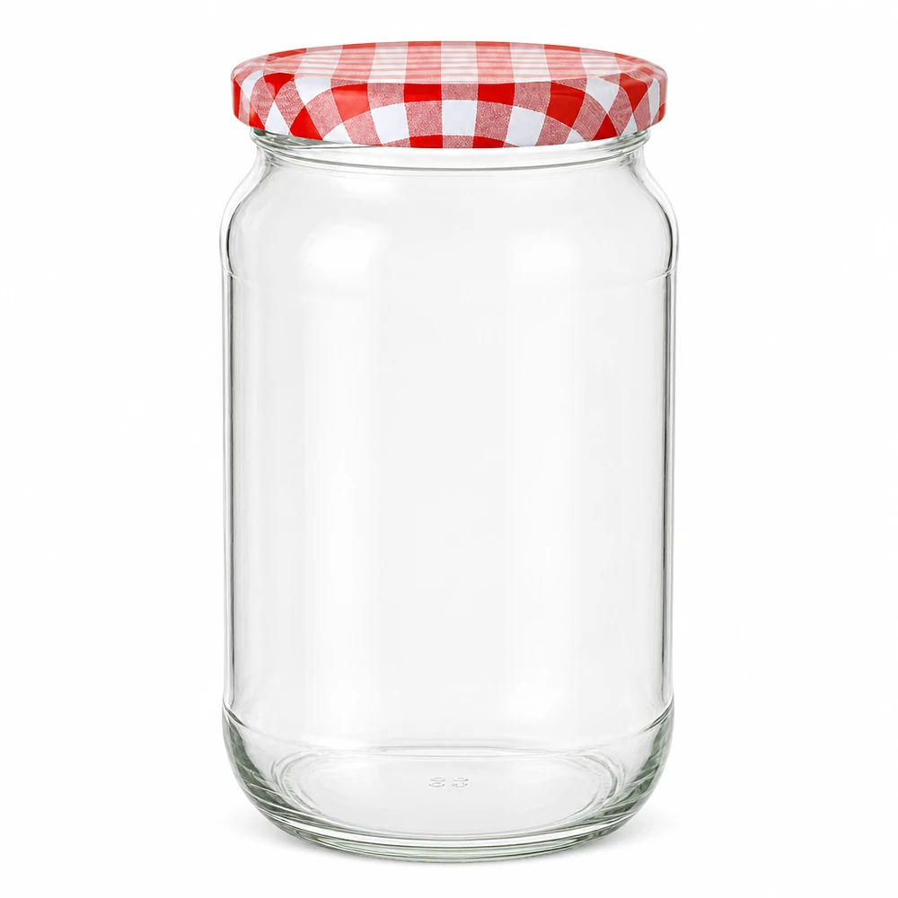 Barattolo rotondo da 1062 ml + coperchio BasicSeal rosso/bianco UN.. Barattolo rotondo da 1062 ml con coperchio BasicSeal a scacchi rossi e bianchi, vuoto su sfondo bianco Barattolo per conserve Barattolo per la conservazione