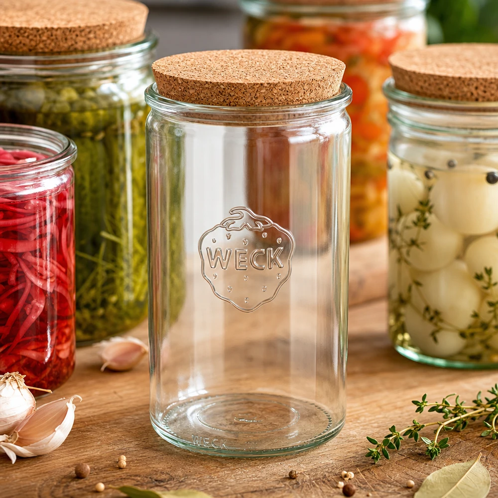 Vaso cilindrico da 1590 ml WECK RR100 con tappo in sughero naturale WECK vaso cilindrico 1590ml RR100 vuoto con tappo di sughero tra vasi da conserva pieni scena di cucina tavolo di legno