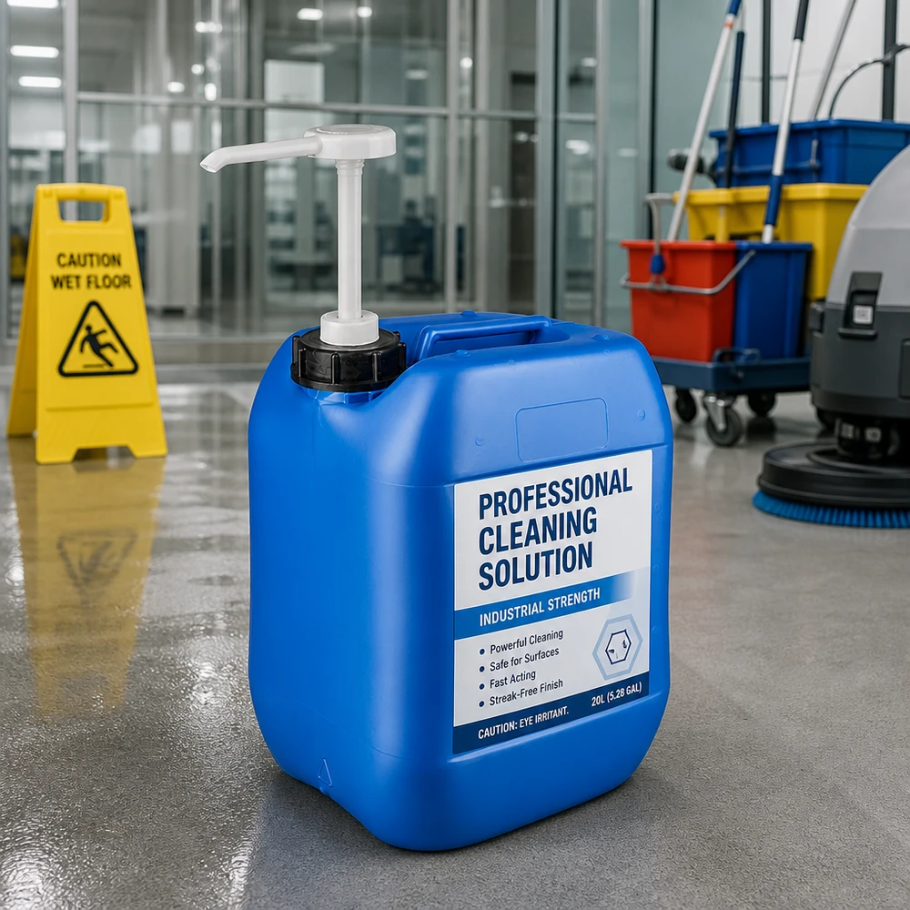Tanica 10 litri blu con pompa dosatrice Tanica blu da 10 litri per detergenti con pompa dosatrice, utilizzata in ambito professionale su pavimenti industriali