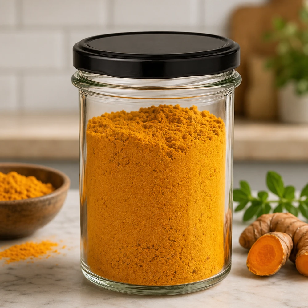 Bicchieri da 230 ml con coperchio BasicSeal nero UNiTWIST. Barattolo da 230 ml riempito di curcuma in polvere mostra l'uso pratico come contenitore per spezie con coperchio nero
