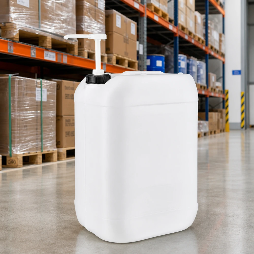 Tanica da 25 litri con pompa dosatrice Tanica da 25 litri adatta al contatto con gli alimenti, con erogatore a pompa, in plastica HDPE bianca, disponibile in magazzino