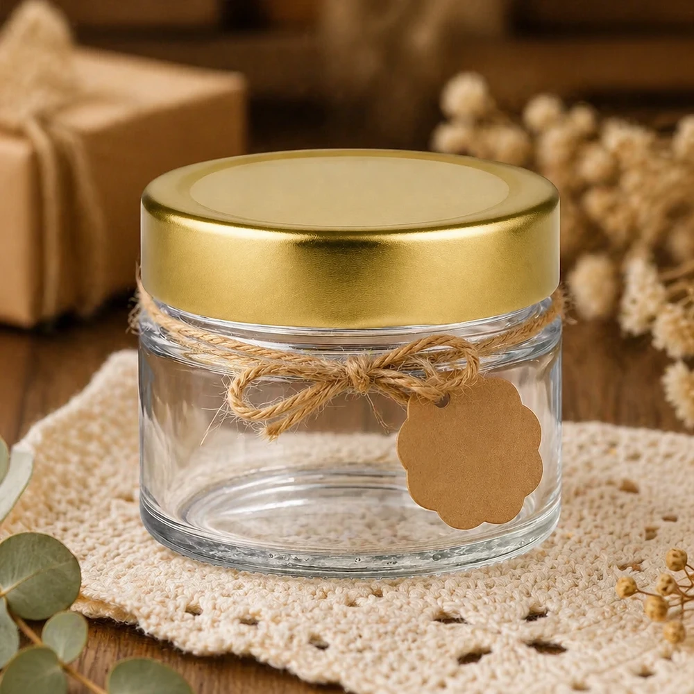 Barattolo rotondo da 80 ml con coperchio BasicSeal oro profondo UNiTWIST. Barattolo rotondo da 80 ml con coperchio BasicSeal decorato in oro profondo su coperta all'uncinetto con fiocco di iuta e etichetta regalo