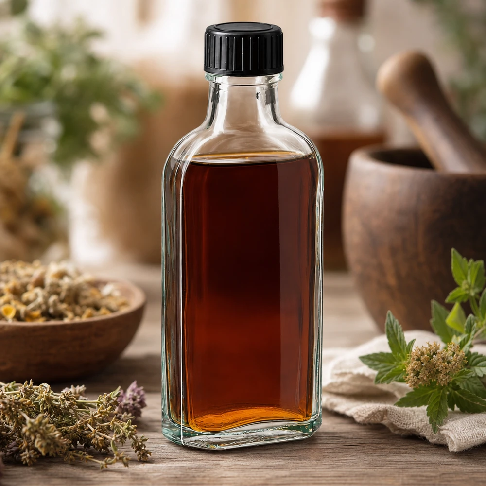 Tintura marrone in flacone di vetro Meplat da 100 ml con tappo a vite nero, tra erbe medicinali fresche