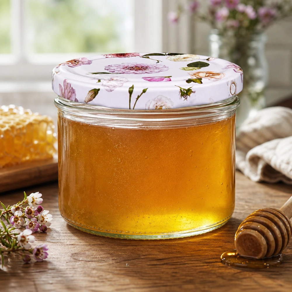 Barattolo cilindrico da 230 ml + coperchio BasicSeal rosa fiore Vasetto di miele da 230 ml con coperchio BasicSeal rosa fiorito - miele dorato con cucchiaio e nido d'ape in cucina
