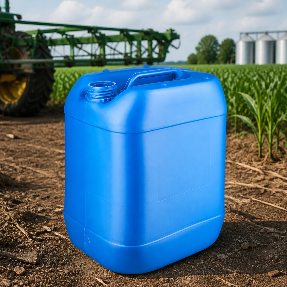 Tanica 20 litri blu senza tappo Tanica blu da 20 litri senza tappo utilizzata in ambito agricolo accanto all'irroratrice