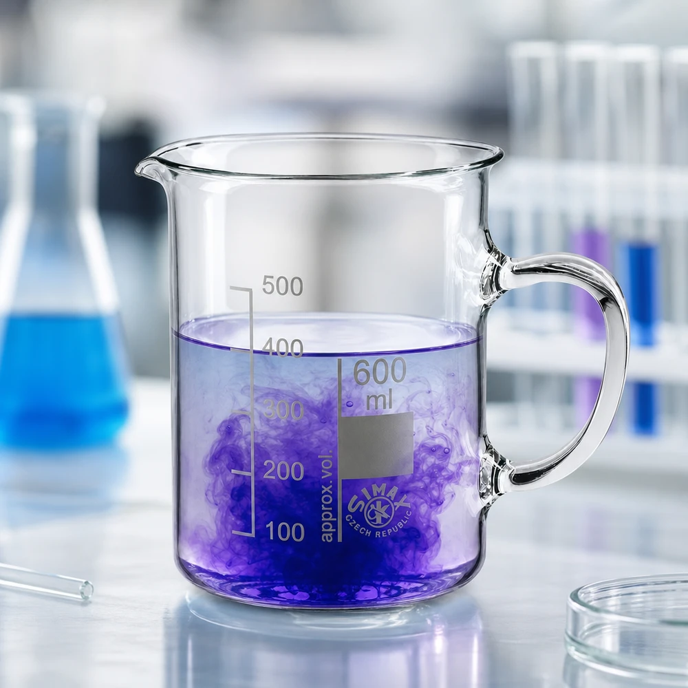 Bicchiere da laboratorio da 600 ml con manico, in vetro borosilicato resistente al calore, contenente un liquido viola