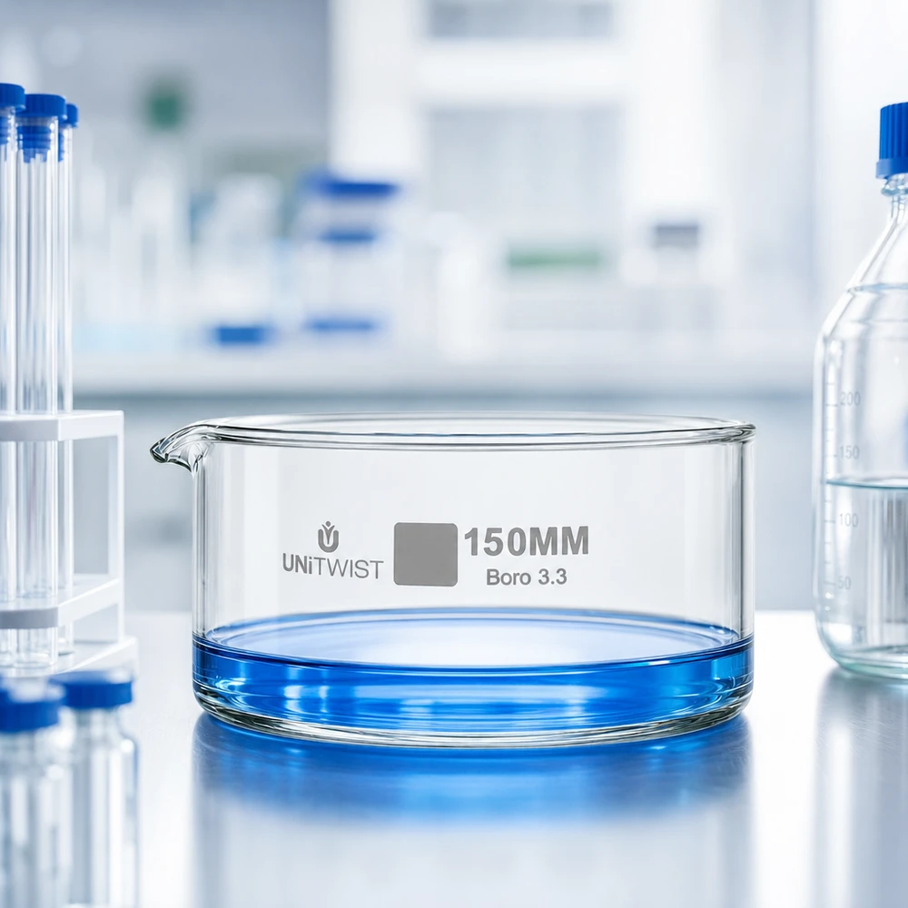 Piatto per cristallizzare ø150mm in vetro borosilicato UNiTWIST Vaschetta di cristallizzazione da 150 mm UNiTWIST con liquido blu, circondata da provette in laboratorio