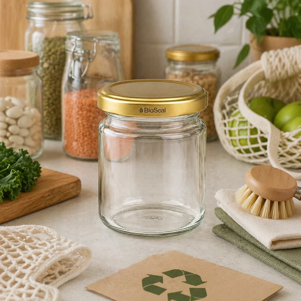 UNiTWIST Runda53 con coperchio dorato TO43 BioSeal Barattolo per conserve UNiTWIST Runda53 con coperchio dorato TO43 BioSeal in cucina sostenibile con simbolo di riciclaggio