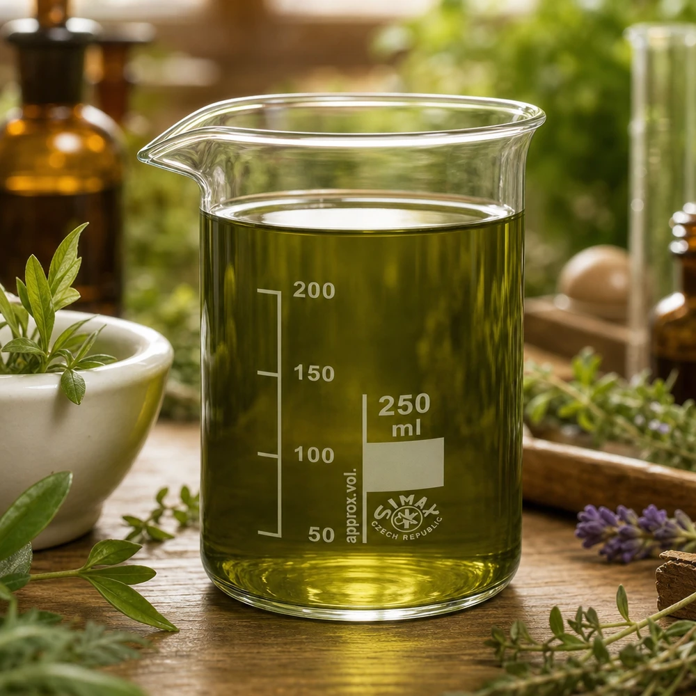 Bicchiere da laboratorio da 250 ml, di forma alta, contenente una soluzione di estratto di erbe di colore giallo-verde, circondato da erbe medicinali fresche
