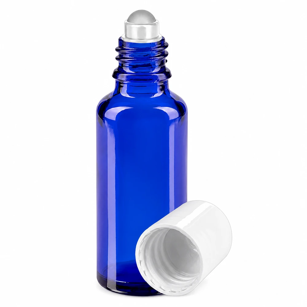 Bottiglia roll-on 30ml blu STD bianco ApoGlas Flacone roll-on blu da 30 ml con tappo bianco e sfere in vetro da farmacia