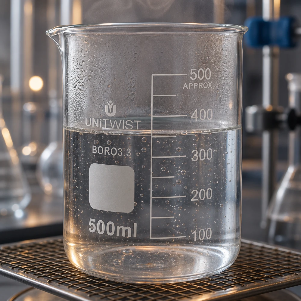 Bicchiere da laboratorio trasparente da 500 ml UNiTWIST BORO3.3 su base in rete metallica, riempito d'acqua