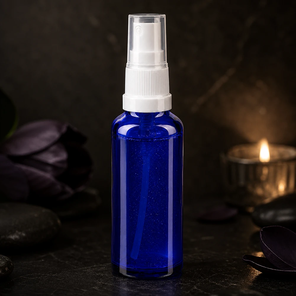 Flacone spray da 10 ml in vetro da farmacia di colore blu cobalto con erogatore bianco su sfondo scuro da spa