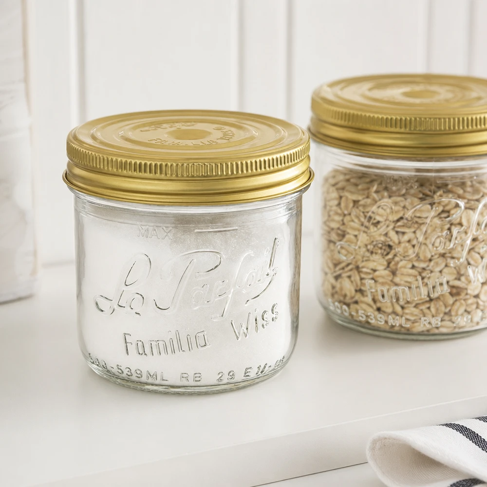 Bicchieri Familia Wiss da 539 ml con coperchio dorato e barattolo da conserva con cereali su superficie bianca