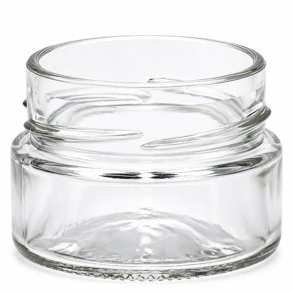 UNiTWIST Runda80 - Barattolo rotondo capacità 80ml TO58profondo UNiTWIST Runda80 barattolo rotondo 80ml TO58deep trasparente vuoto a vite senza coperchio su sfondo bianco