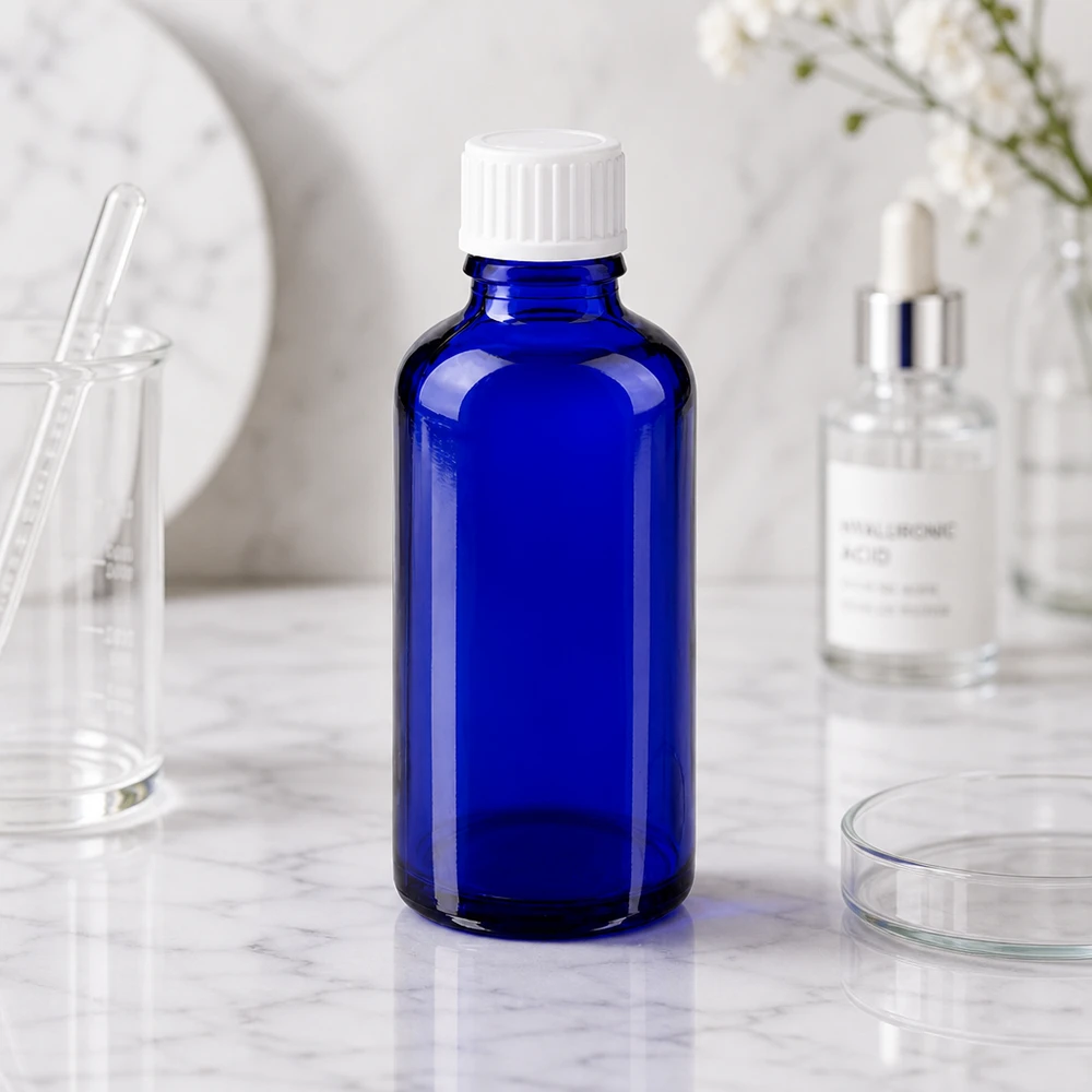 Flacone 50ml blu (Glo.) GR STD bianco/3mm ApoGlas Flacone da farmacia da 50 ml di colore blu cobalto con tappo standard bianco e pareti in vetro dello spessore di 3 mm