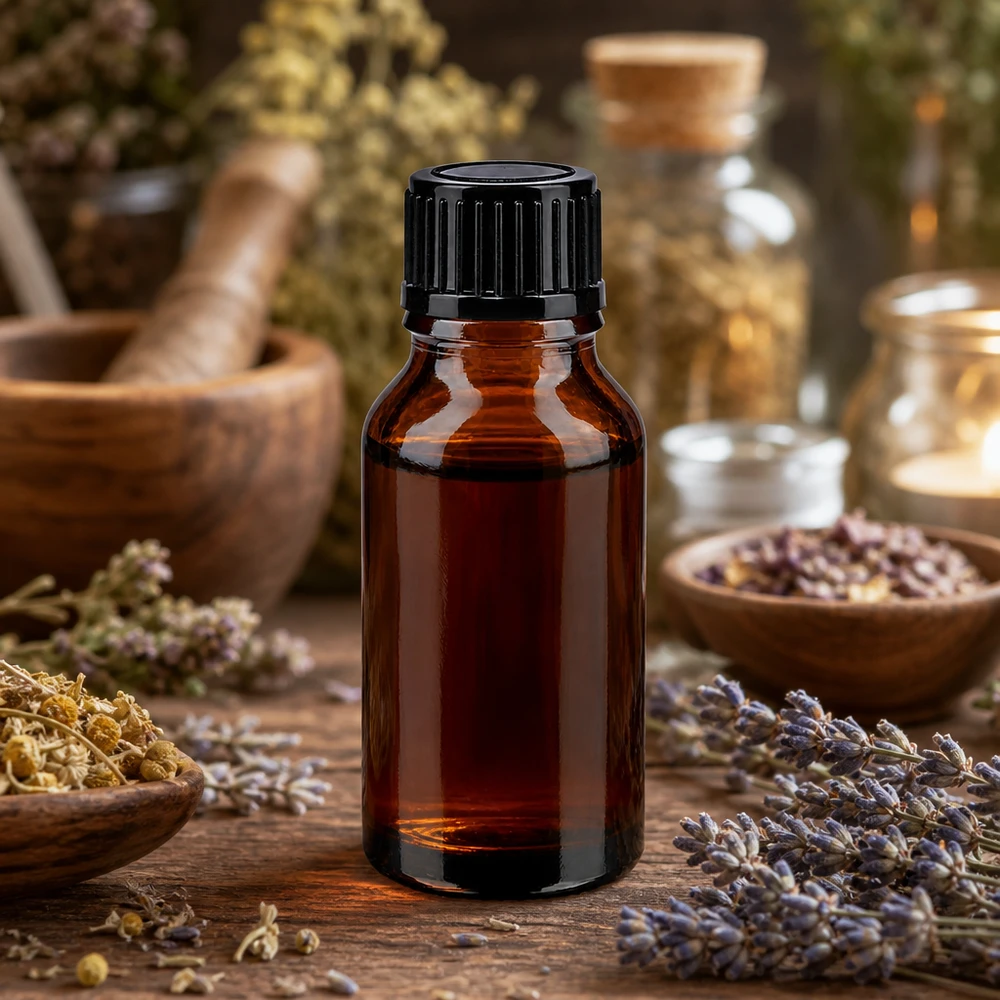 Flacone in vetro ambrato con protezione dalla luce da 15 ml, con tappo contagocce nero, circondato da lavanda ed erbe aromatiche