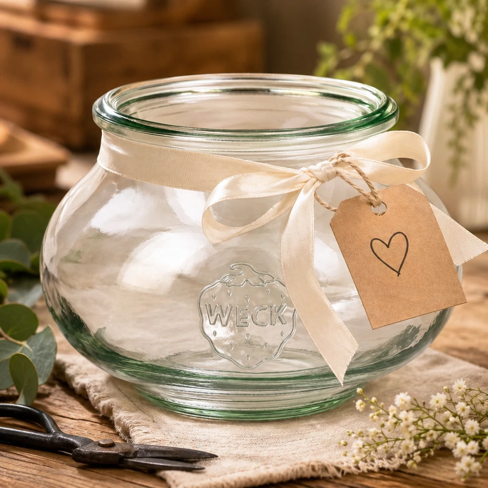 Vaso decorativo WECK da 560 ml RR80 disposto in modo decorativo con nastro color crema e ciondolo a cuore su tavolo di legno