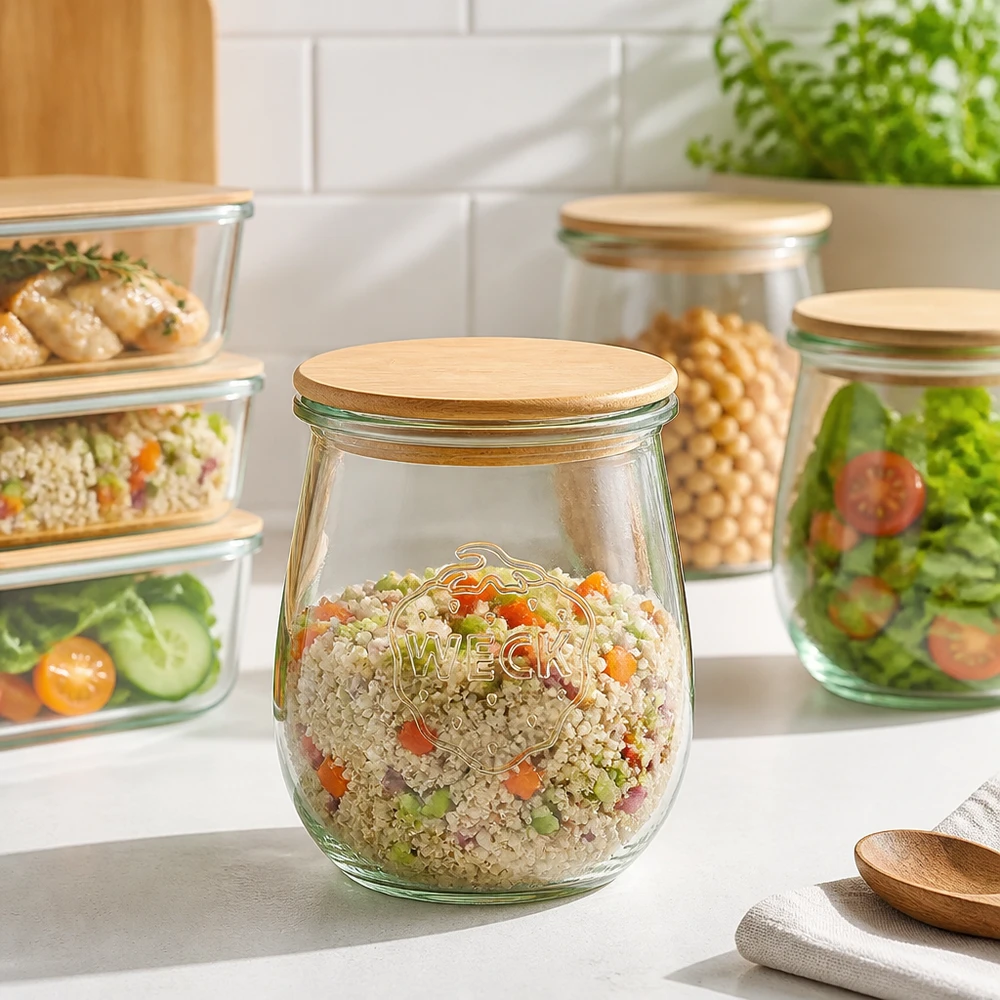 Vaso per tulipani da 220 ml WECK RR60 con coperchio in legno WECK barattolo a tulipano 220ml RR60 coperchio in legno per Meal Prep - barattolo di stoccaggio con insalata di verdure quinoa in una cucina moderna