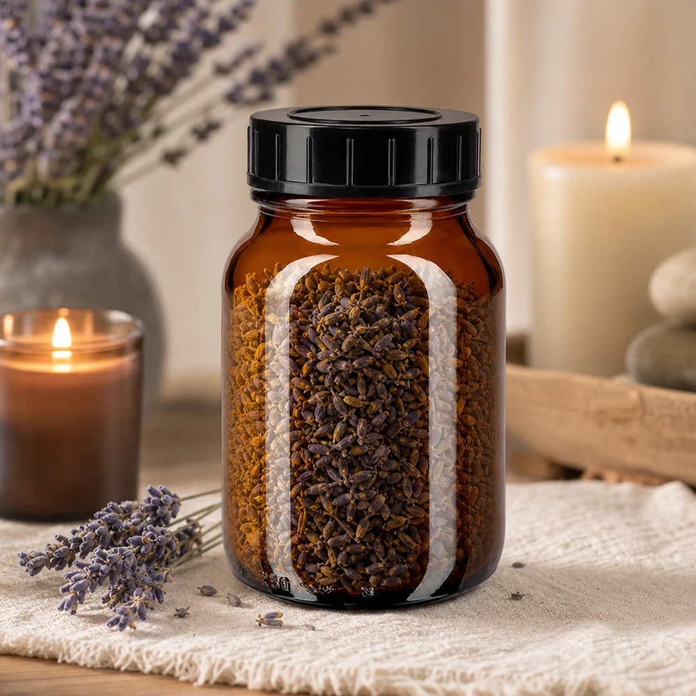 Bottiglia a collo largo da 250 ml in vetro ambrato con tappo a vite Bottiglia di vetro spaziosa da 250 ml con ampia apertura e coperchio nero per un facile riempimento