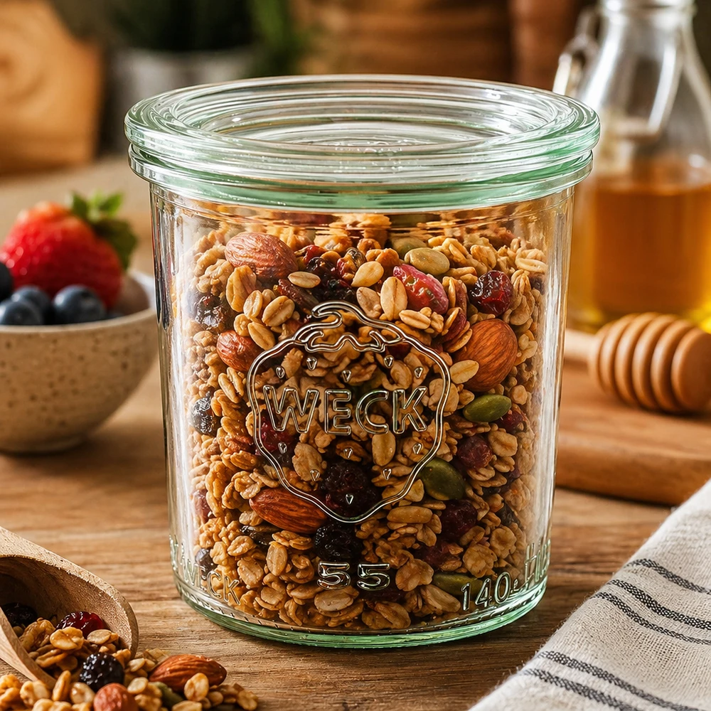 Barattolo da 140 ml con coperchio in vetro WECK RR60 WECK Sturzglas 140ml RR60 befüllt mit Nussmischung und Trockenfrüchten als Vorratsglas in rustikaler Küche