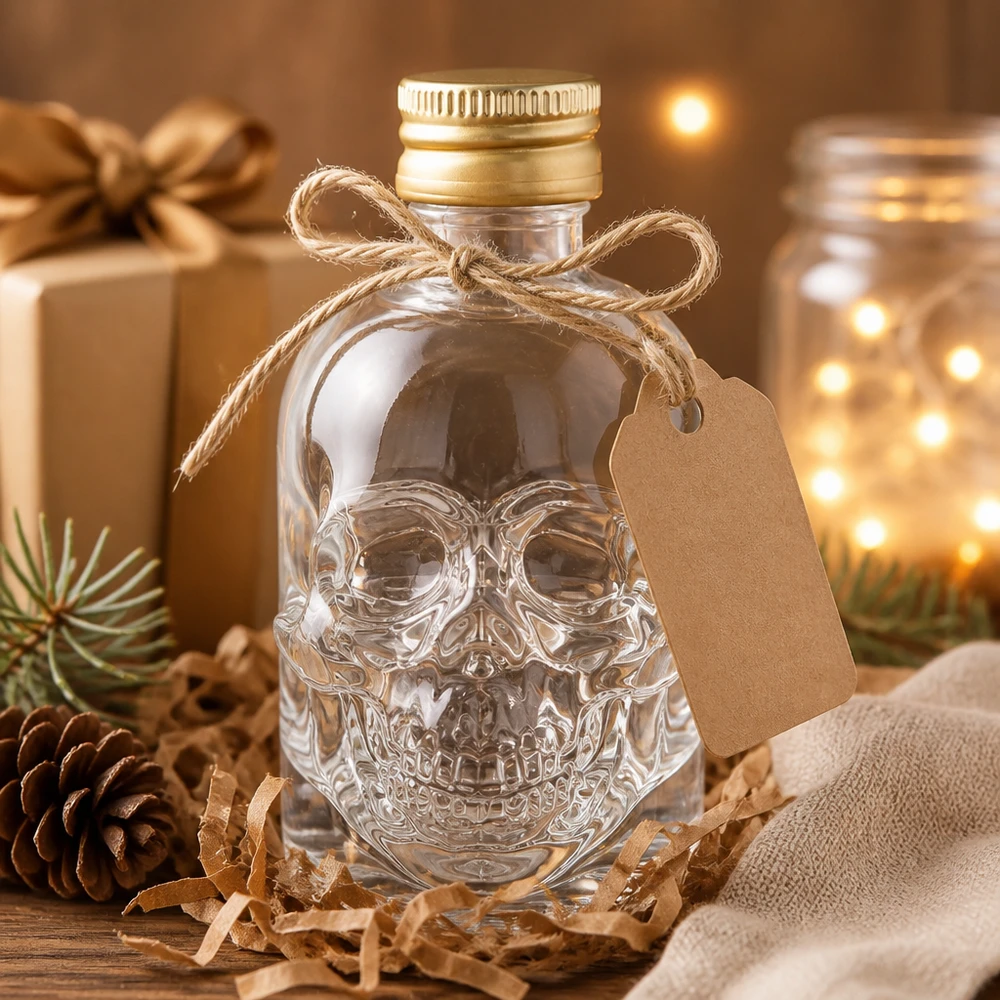 Bottiglia di vetro da 50 ml Hector teschio vuoto con confezione regalo carta artigianale ciondolo in accogliente decorazione natalizia