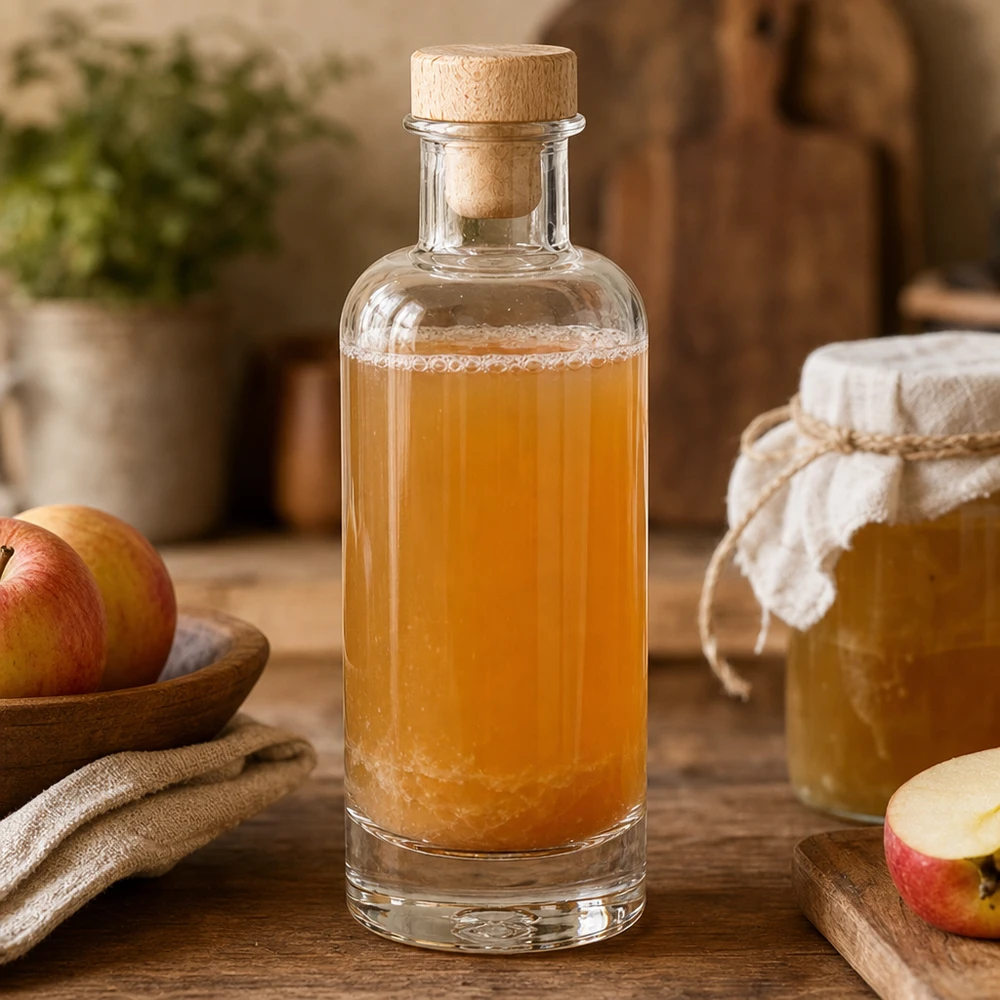Bottiglia in vetro da 200 ml Ella con tappo in sughero con impugnatura in legno UNiTWIST® Bottiglia di vetro Ella da 200 ml con tappo di legno riempita di aceto di mele accanto a mele fresche e vasetto di miele in una cucina rustica