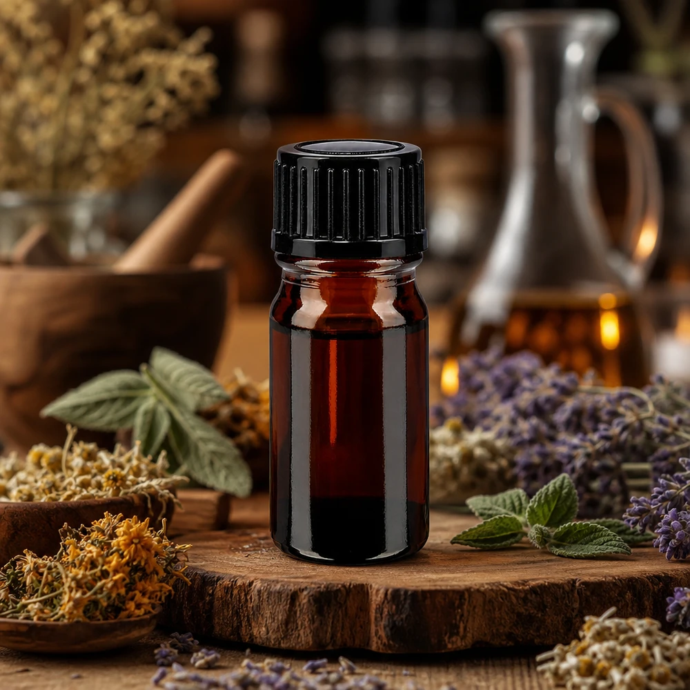 Flacone di vetro da 5 ml color ambra con tappo a vite nero, circondato da erbe essiccate