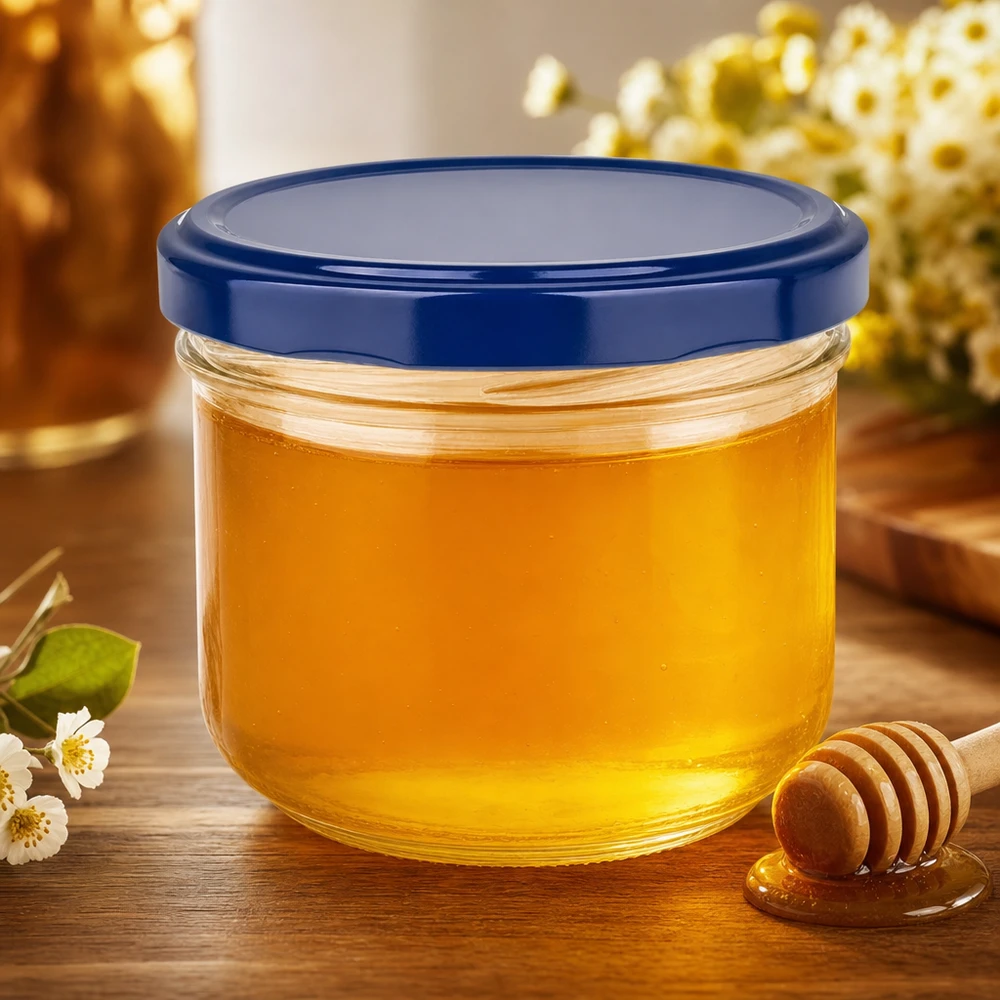 Bicchieri da 260 ml + coperchio BasicSeal blu UNiTWIST Barattolo da 260 ml con coperchio blu BasicSeal riempito di miele - barattolo twist-off ideale per marmellate e creme spalmabili