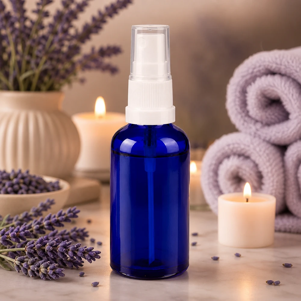 Flacone spray da 50 ml bianco/tr. STD BlueLine UT18/50 Pratico flacone in vetro con pompa a spruzzo da 50 ml per applicazioni mobili