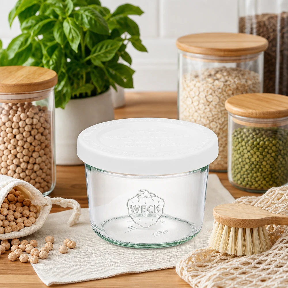 Barattolo da 80 ml con coperchio salva-freschezza WECK RR60 Bicchieri WECK 80ml RR60 in cucina sostenibile con barattoli per la conservazione dei legumi e utensili a spreco zero su legno