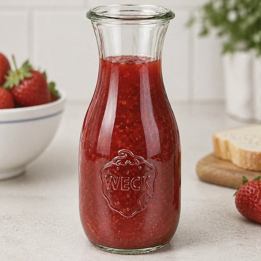 Bottiglia per succhi da 530 ml WECK RR60 WECK Saftflasche 530ml RR60 mit rotem Erdbeermus gefüllt neben frischen Erdbeeren und Brot in heller Küche