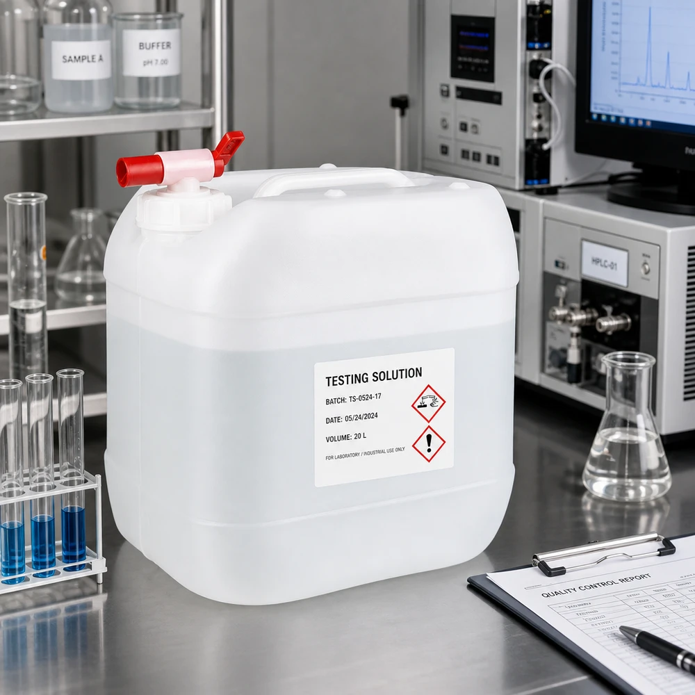 Tanica da 15 litri con rubinetto di scarico Tanica in plastica trasparente da 15 litri con etichettatura di pericolo GHS per uso di laboratorio
