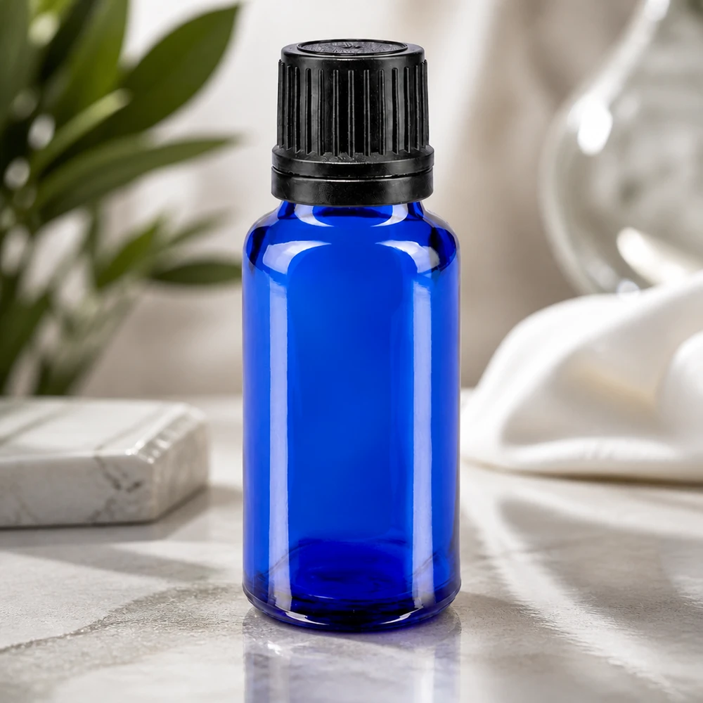 Flacone in vetro da farmacia da 20 ml di colore blu cobalto con tappo di sicurezza nero a prova di bambino