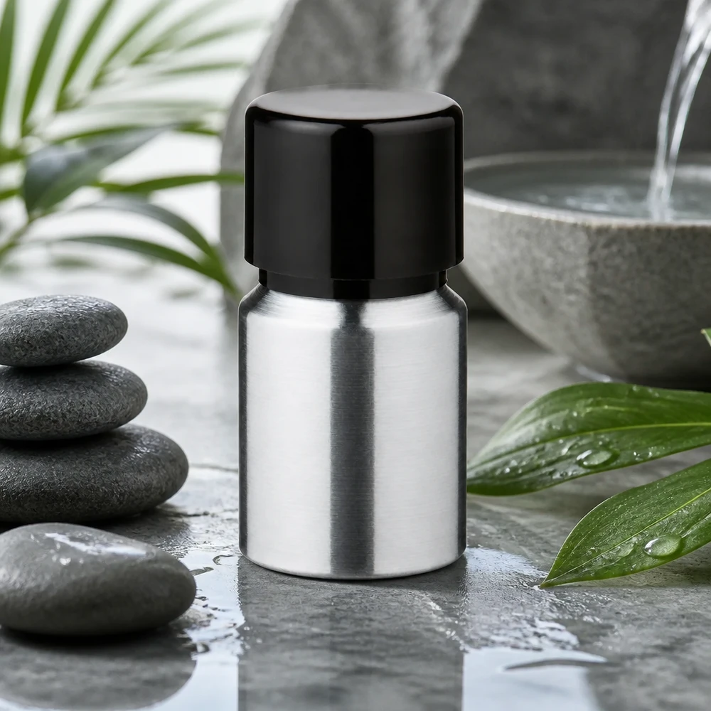 Moderno flacone in alluminio da 10 ml con design industriale e tappo nero richiudibile