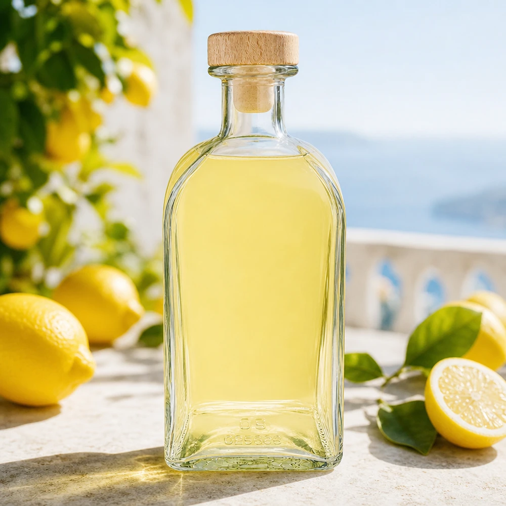 Bottiglia in vetro Julia da 500 ml con tappo in legno, riempita di liquore al limone in un ambiente mediterraneo con limoni freschi.