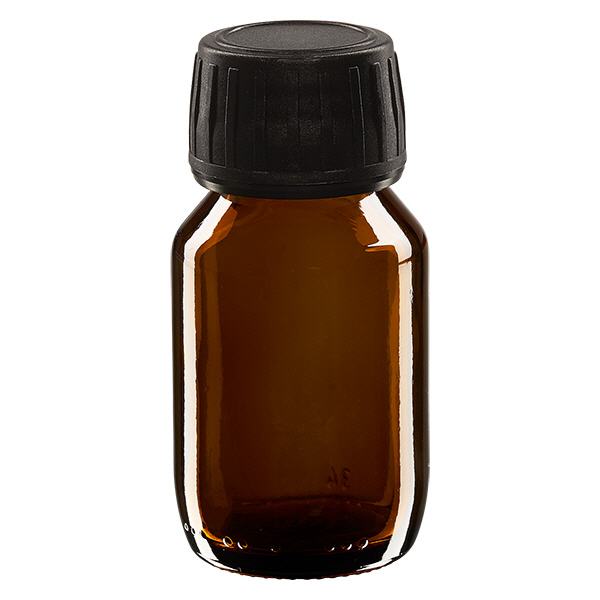 Flacone per medicinali da 50 ml marrone, tappo nero con chiusura antimanomissione