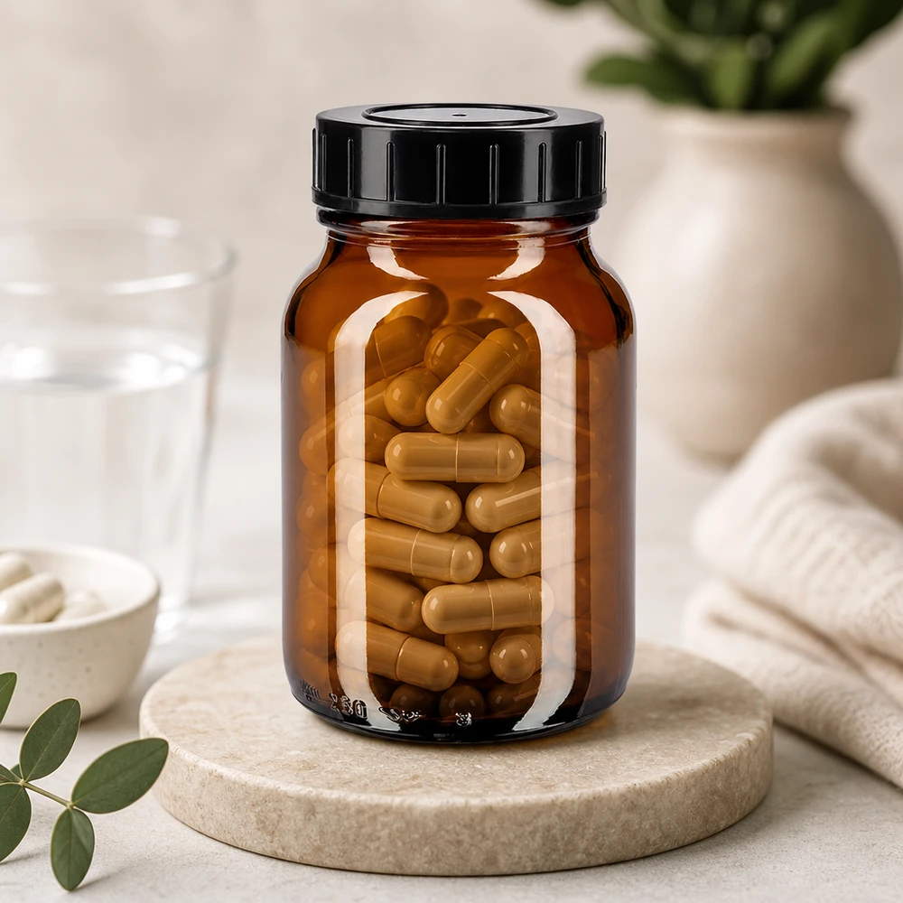 Bottiglia a collo largo da 250 ml in vetro ambrato con tappo a vite Bottiglia in vetro a collo largo da 250 ml di colore ambrato con tappo nero a chiusura ermetica.