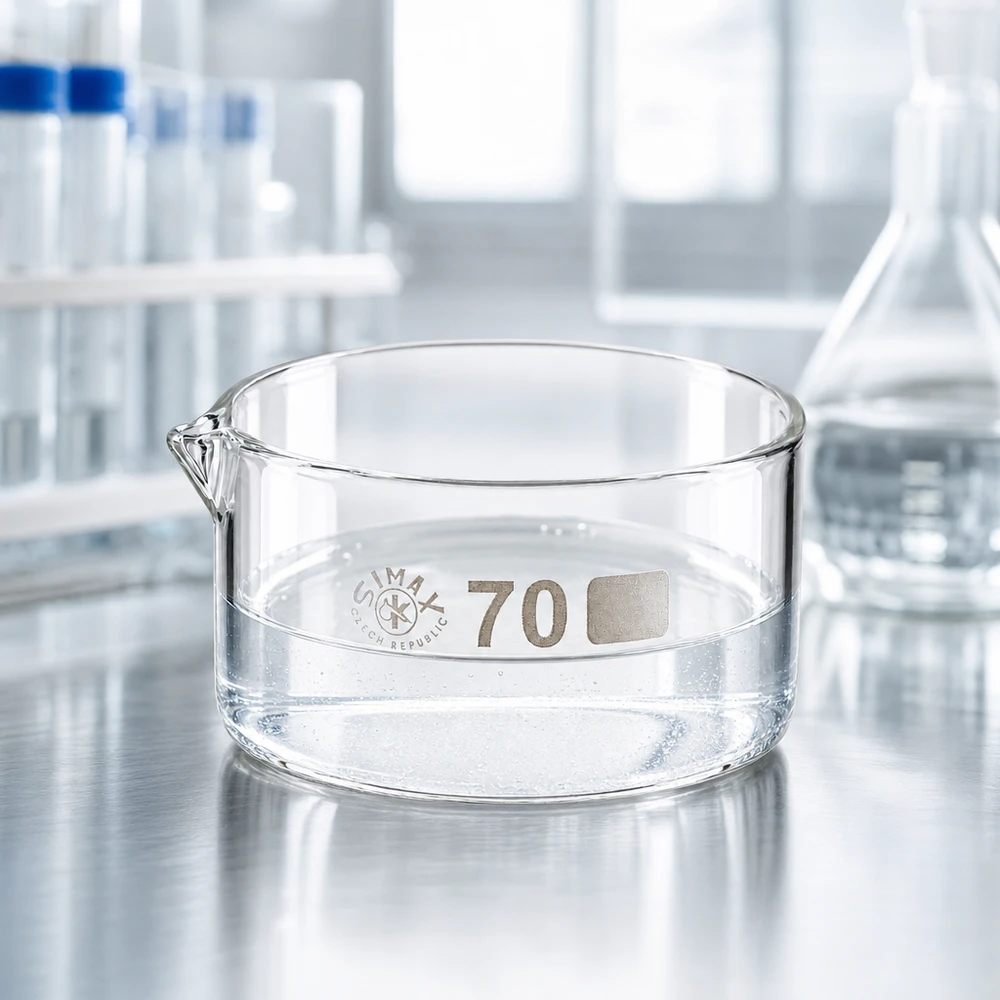 Cristallizzatore da 100 ml con beccuccio Bo.. ø70mm Vaschetta di cristallizzazione vuota da 100 ml in vetro da laboratorio con beccuccio corto su base in acciaio inossidabile