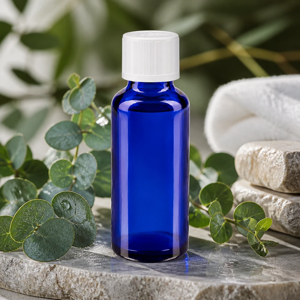 Flacone da farmacia blu da 30 ml con tappo a vite bianco, appoggiato su una pietra naturale con ramoscelli di eucalipto