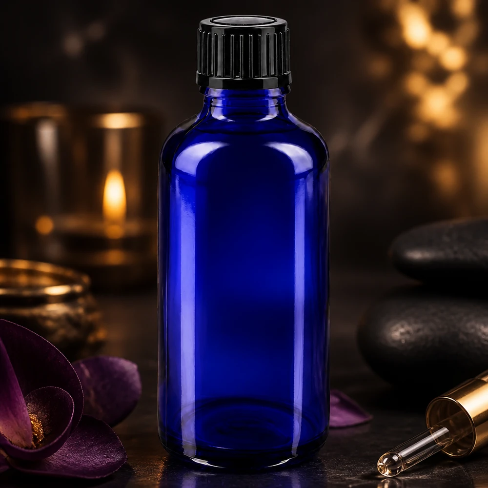 Bottiglia da farmacia blu da 50ml. SV STD nero/11mm ApoGlas Bottiglia di vetro blu da 50 ml con tappo nero accanto a fiori di orchidea e pietre da massaggio
