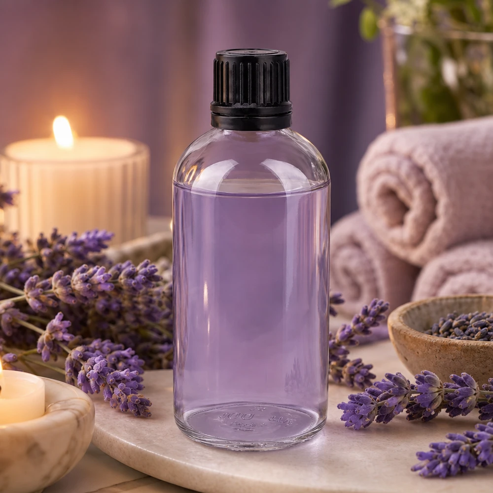 100ml (Globul)Flas. 3mm GR s. STD ClearL. UT18/100 Flacone di vetro da 100 ml riempito con olio di lavanda, presentato in un ambiente termale con candele e asciugamani